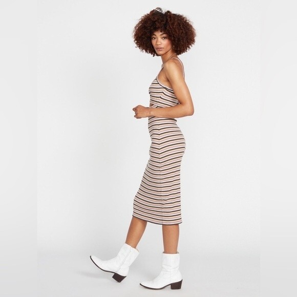 NWT VOLCOM STRIPED STONE CHECKED MIDI DRESS - ESPRESSO. Size Large - Picture 8 of 14